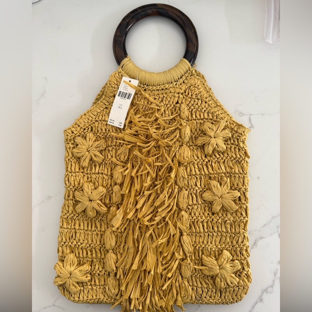 Anthropologie Yellow Woven Raffia Handbag with Floral Design